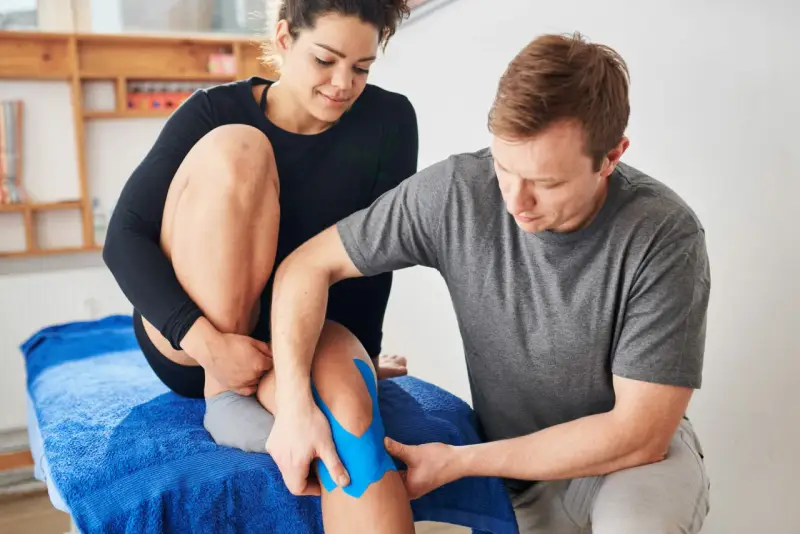 Mann legt blaues Tape auf Knie einer Frau. Eine Anleitung zum ultraschalltherapie selber machen könnte hier nützlich sein.