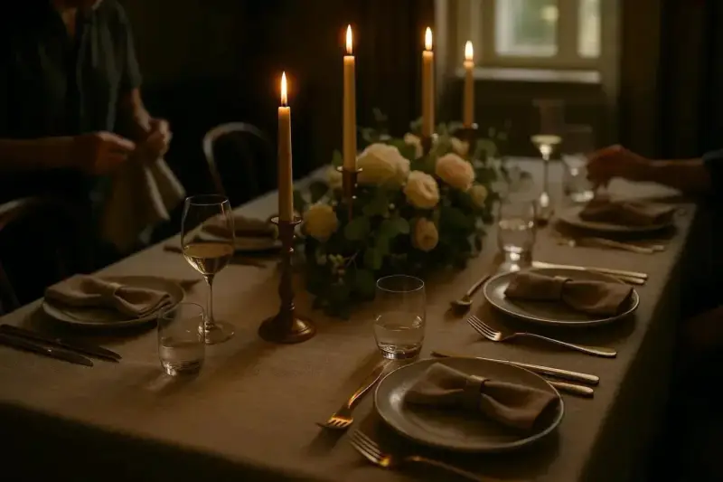 Un dîner aux chandelles, un bouquet floral et des couverts dorés évoquent l'art de la table à la française.