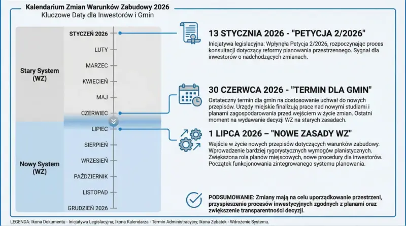 Kalendarium zmian Warunków Zabudowy 2026. Prawda o rzekomym braku odszkodowań za utratę wartości działki po reformie: od 1 lipca nowe zasady WZ.