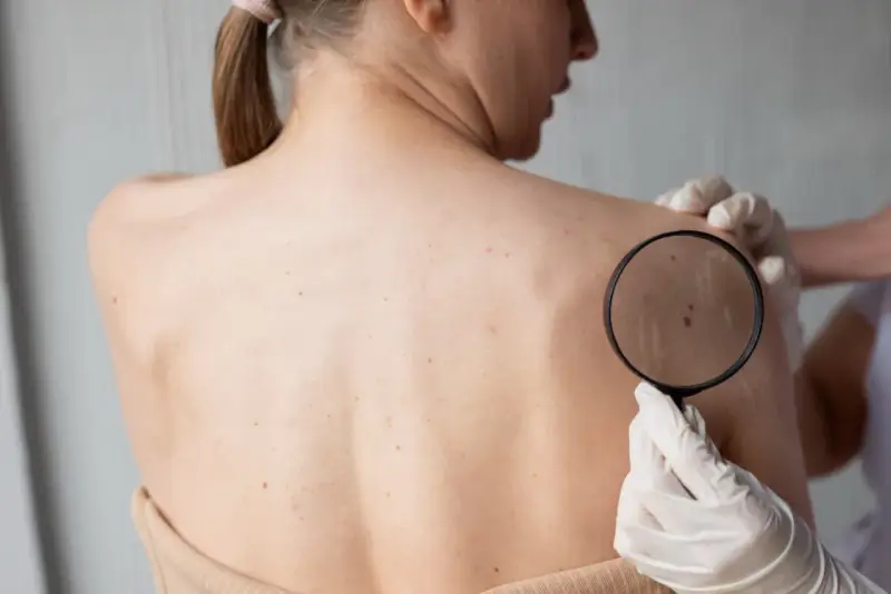 Dermatolog bada pieprzyk na plecach pacjentki przez lupę, oceniając potencjalną dermatozę.