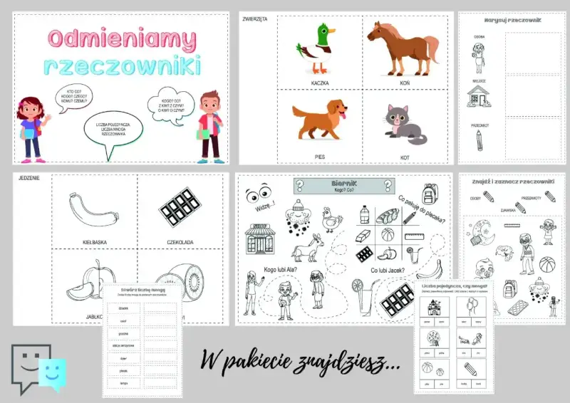 Zestaw ćwiczeń do nauki odmiany rzeczowników. Dzieci ćwiczyły **czas przeszły** na przykładach zwierząt, jedzenia i przedmiotów.