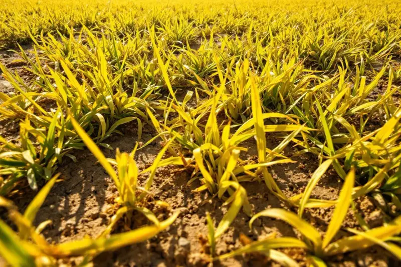 Champ de jeunes pousses jaunies par le soleil. Que faire pour sauver cette pelouse jaune ?