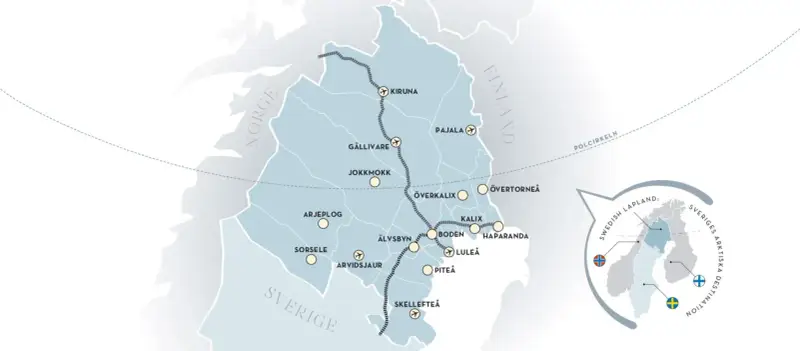 Karta över Swedish Lapland med flygplatser och orter. En rutt markerad visar besökarnas väg genom norra Sverige.