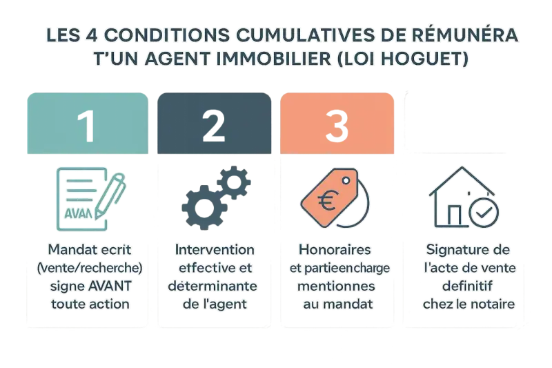 Résumé loi Hoguet : 4 conditions pour la rémunération d'un agent : mandat écrit, intervention déterminante, honoraires mentionnés, acte de vente signé.