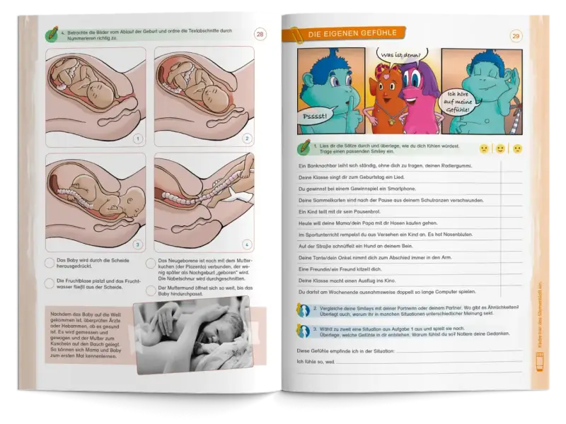 Bilder zeigen die Geburt eines Babys. Ein Kind lernt Gefühle kennen in der sexualkunde klasse 8.
