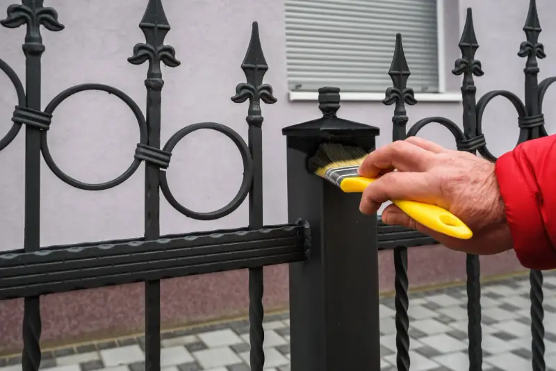 Ręka w czerwonej kurtce maluje pędzlem czarną, kutą balustradę balkonu w bloku.