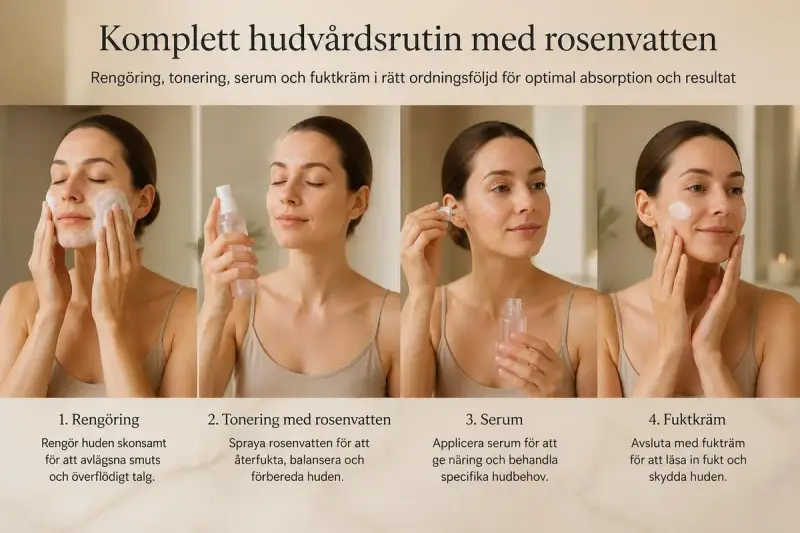 Kvinnor utför en hudvårdsrutin: rengöring, applicering av rosenvatten, serum och fuktkräm.