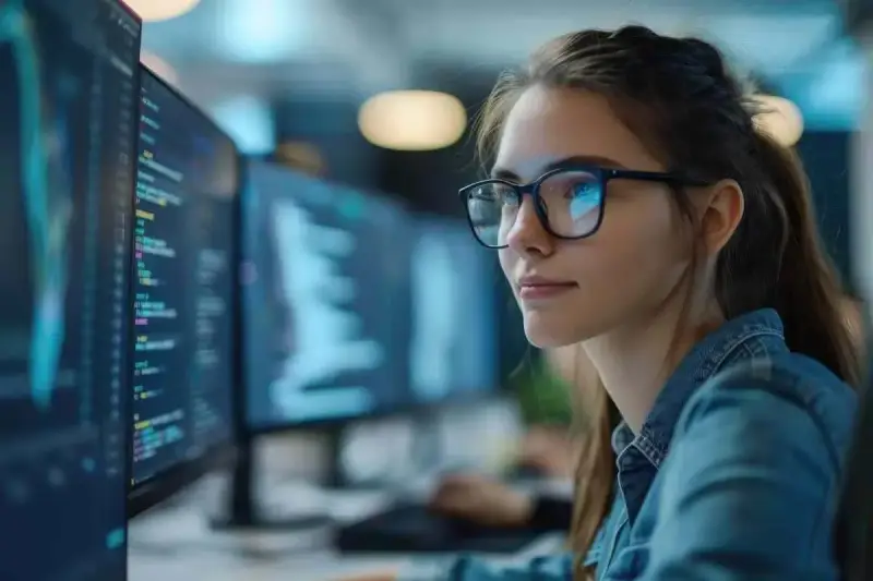 Une jeune femme programmeuse, tel une dj femme techno, travaille sur des lignes de code complexes devant plusieurs écrans lumineux.