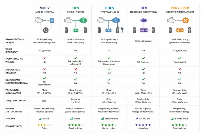Porównanie rodzajów hybryd: MHEV, HEV, PHEV, BEV, REX/EREV. Tabela przedstawia kluczowe cechy napędów.