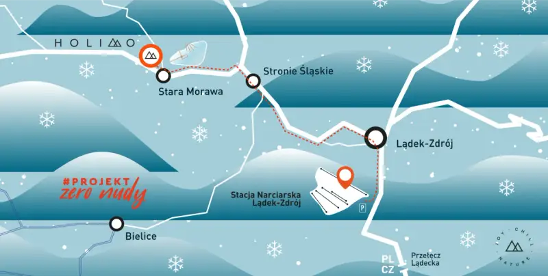 Mapa z zaznaczonymi miejscowościami: Lądek-Zdrój, Stronie Śląskie, Stara Morawa, Bielice i stacją narciarską.