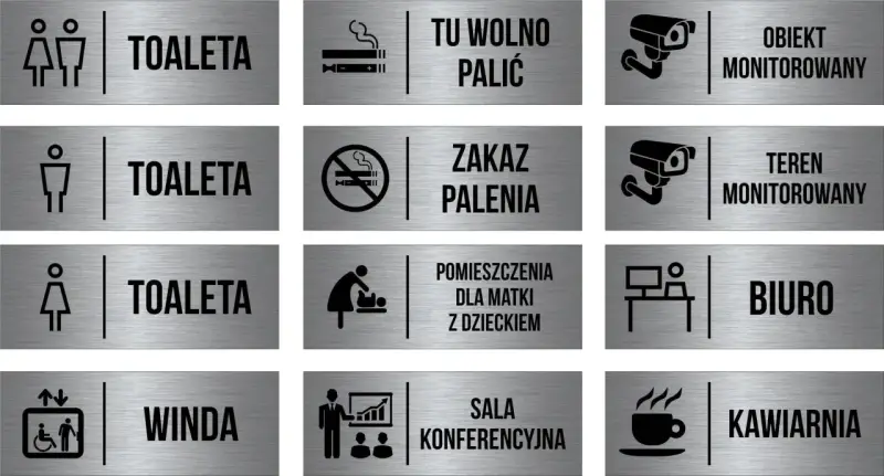 Zestaw oznaczeń toalet, wind, biura, kawiarni i innych pomieszczeń.