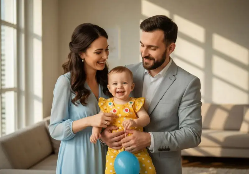 Szczęśliwa rodzina świętuje roczek dziecka. Mama w błękitnej sukience, tata w szarym garniturze, a maluch w żółtym, grochowatym ubranku. Idealna inspiracja, co ubrać na roczek!