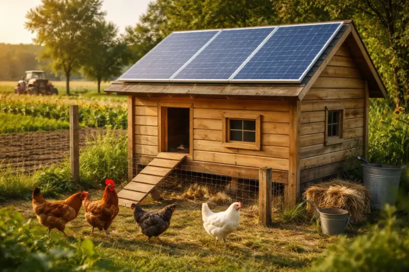 Kurnik z panelami fotowoltaika off grid. Kury spacerują po trawie. W tle pole i traktor.