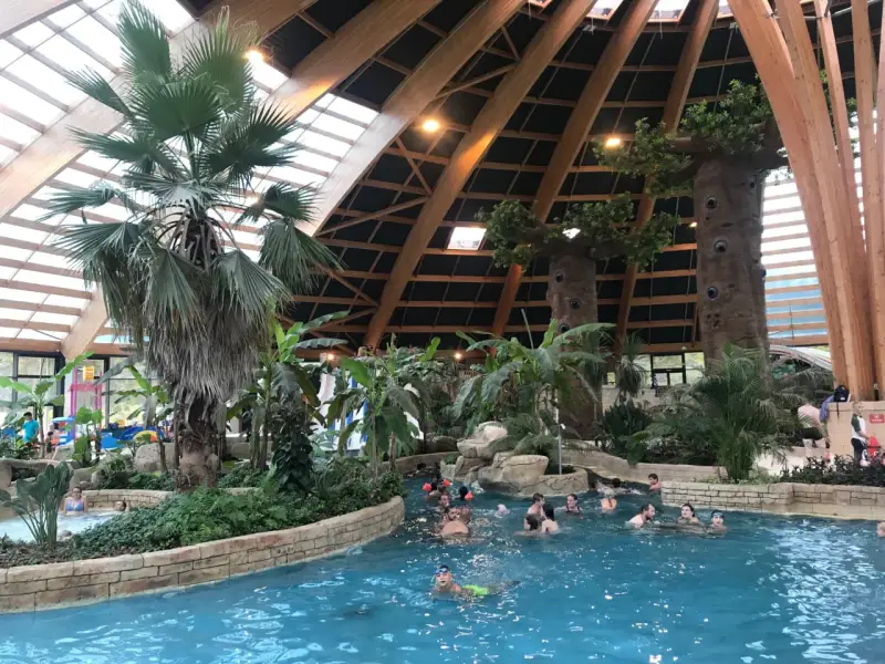Diversión acuática en Bretaña con niños. Familias disfrutan de una piscina interior tropical con palmeras y toboganes.