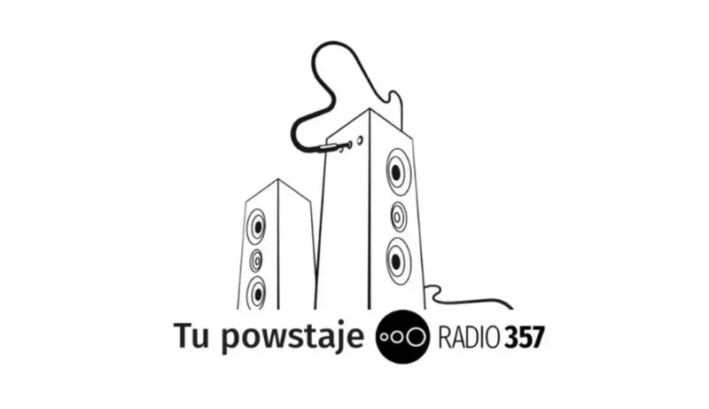 Dwa głośniki połączone kablem, symbolizujące dźwięk i muzykę. Logo RADIO 357.