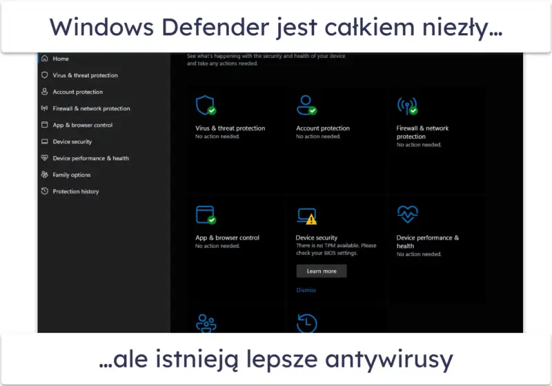 Interfejs Windows Defender pokazuje status ochrony: wirusów, sieci, konta i urządzenia. Wszystko działa poprawnie.
