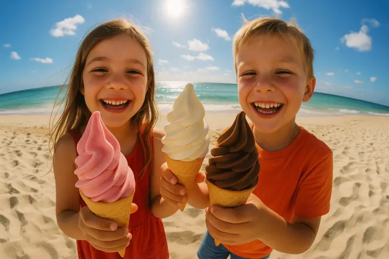 Zwei glückliche Kinder am Strand mit Eis. Der süße Geschmack von Glucose Zucker auf der Zunge.