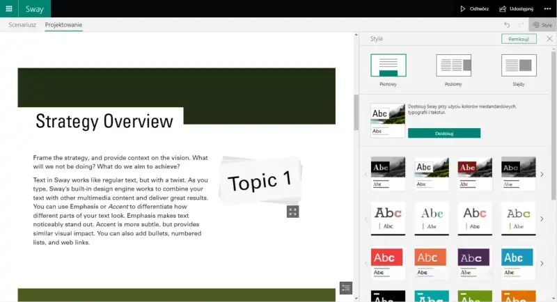 Panel stylów w Sway pozwala na dostosowanie wyglądu prezentacji. Można wybrać układ pionowy, poziomy lub slajdy, a także zmienić typografię i kolory, aby nadać prezentacji unikalny **sway**.