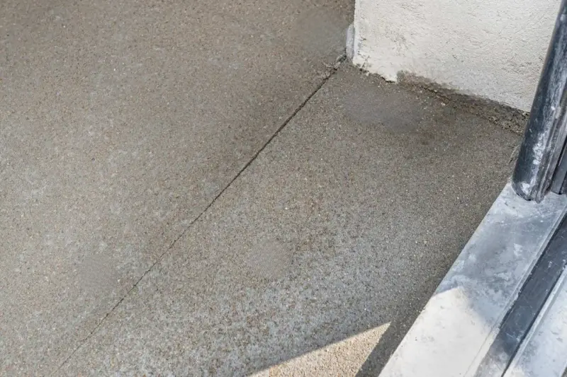 Dylatacja betonu na zewnątrz, widoczna linia podziału na świeżo wylanej nawierzchni, zapobiegająca pękaniu.