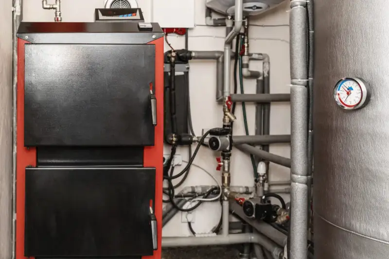 Kotłownia z piecem i skomplikowaną instalacją hydrauliczną. Widoczna wentylacja w kotłowni zapewnia prawidłowe działanie systemu.
