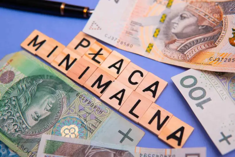 Płaca minimalna brutto na tle polskich banknotów.
