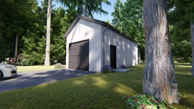 Nowoczesny projekt garażu 35m2 bez pozwolenia, otoczony zielenią. Idealne rozwiązanie dla Twojej posesji.