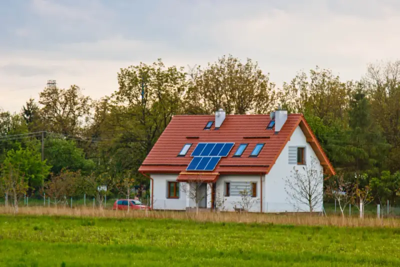 Nowoczesny dom energooszczędny z panelami słonecznymi na dachu, otoczony zielenią.