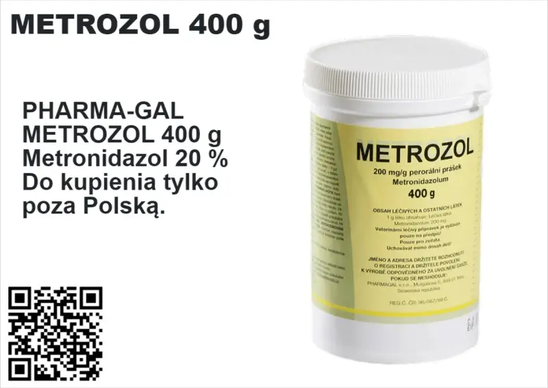 Opakowanie leku METROZOL 400 g z metronidazolem 20%. Informacja o cenie i dostępności poza Polską.
