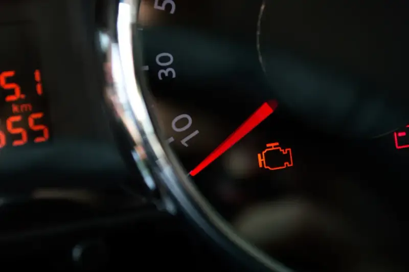 Kontrolka silnika świeci się, wskazując błąd DTC P0171 w Peugeot.