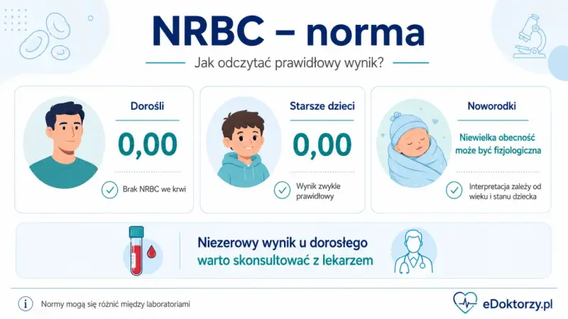 Normy NRBC dla dorosłych i starszych dzieci to 0,00. U noworodków niewielka obecność NRBC może być fizjologiczna.