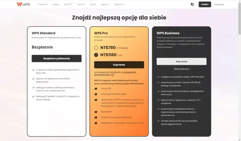 Wybierz pakiet WPS: Standard (bezpłatny), Pro (więcej funkcji) lub Business (korporacyjny). Znajdź idealne rozwiązanie dla siebie.