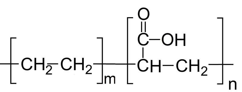 Struktura chemiczna kopolimeru z grupami etylenowymi i karboksylowymi.