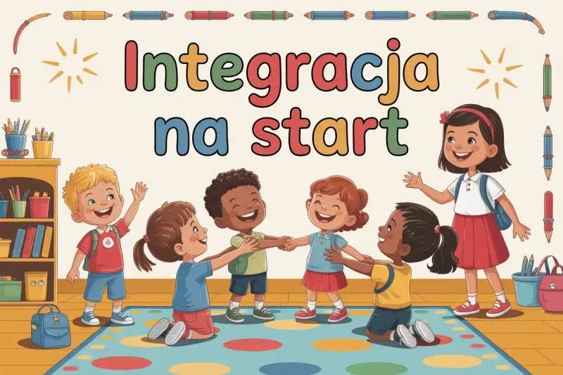 Radosne dzieci klas 1-3 bawią się w kółeczku, tworząc wspaniałe zabawy integracyjne na start.