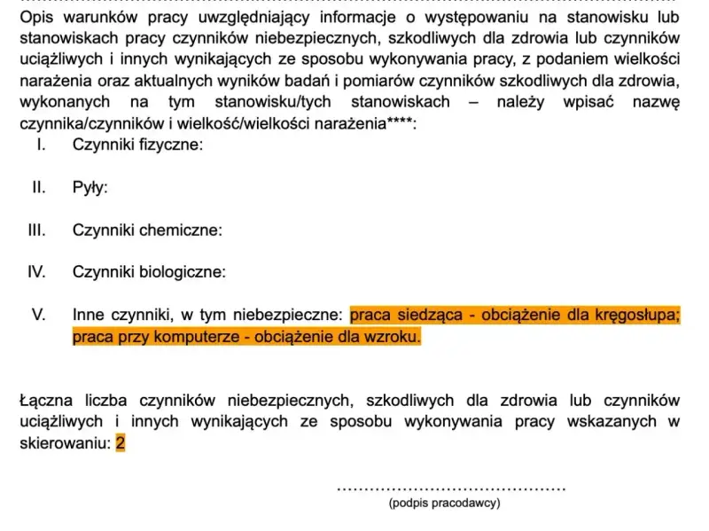 Formularz do badań wstępnych do pracy, uwzględniający czynniki szkodliwe, uciążliwe i niebezpieczne, np. praca siedząca i przy komputerze.