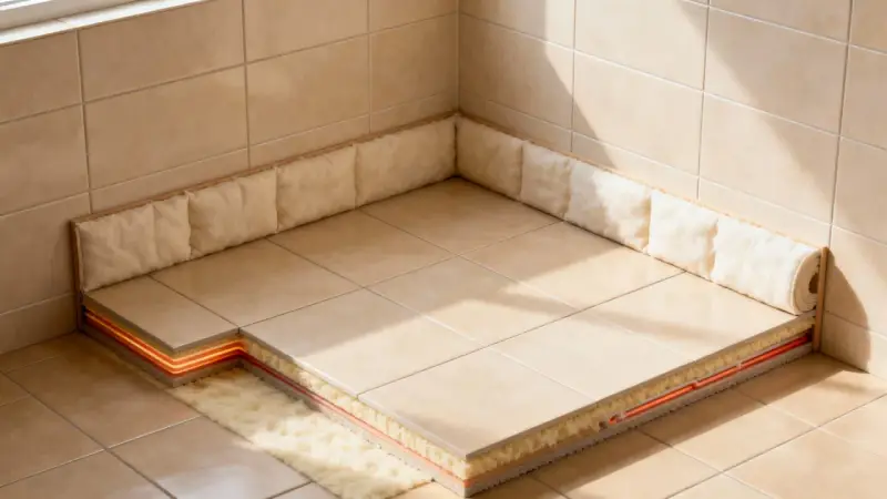 Coupe d'un sol carrelé montrant l'isolation sous carrelage avec un système de chauffage intégré, pour un confort optimal.