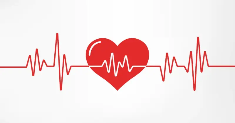 Czerwone serce z linią EKG. Tętno 150 uderzeń na minutę, symbolizujące szybkie bicie serca.