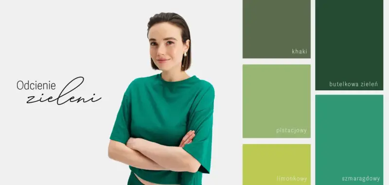 Kobieta w zielonej bluzce obok palety odcieni zieleni: khaki, pistacjowy, limonkowy, butelkowa zieleń, szmaragdowy. Jaki kolor pasuje do zielonego?