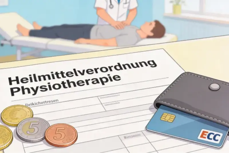 Rezept für Physiotherapie, Münzen und eine EC-Karte liegen auf einem Tisch. Die **Zuzahlung Ergotherapie** ist hier symbolisch dargestellt.