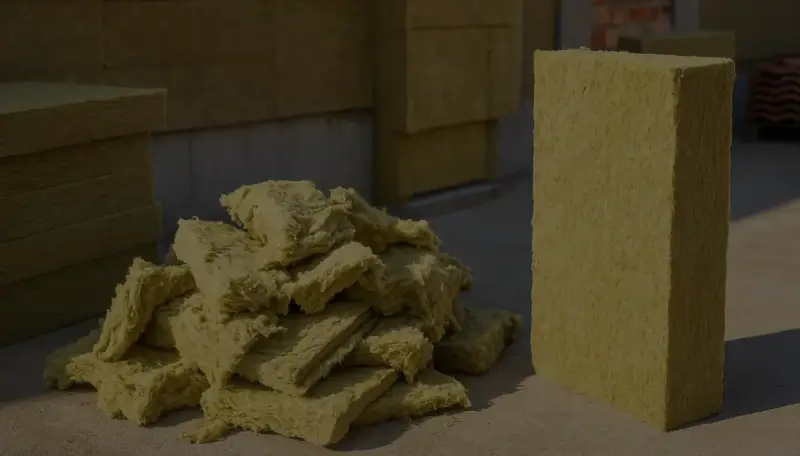 Stos wełny mineralnej i pojedynczy blok, gotowe do utylizacji. Materiał izolacyjny czeka na właściwe zagospodarowanie.