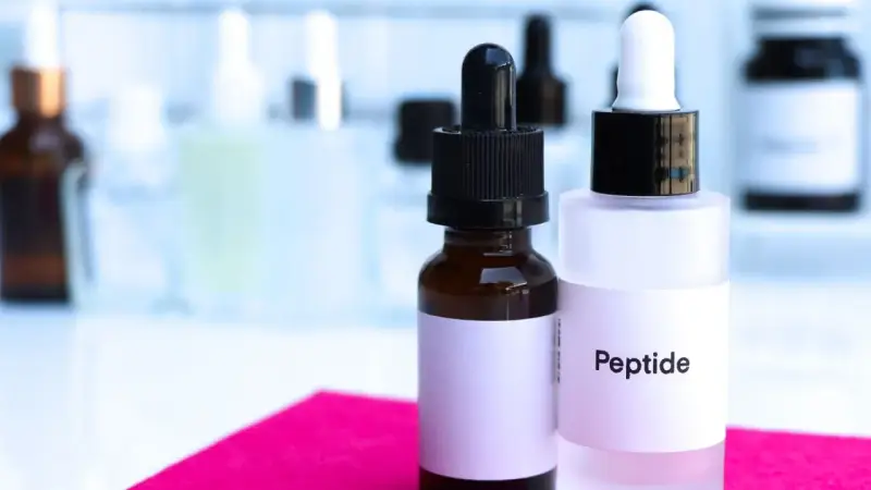 Dwie buteleczki z pipetkami, jedna z napisem "Peptide". W tle laboratoryjne szkło.