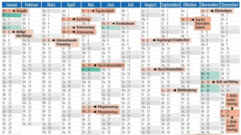 Kalender mit Feiertagen für Ferien in Sachsen-Anhalt. Feiertage wie Ostern, Pfingsten und Allerheiligen sind markiert.