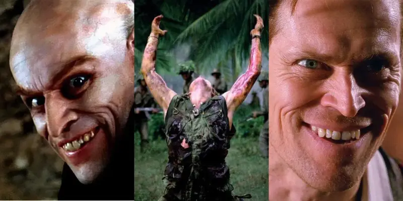 Willem Dafoe i hans ikoniska roller i filmer. En bildkollage med hans ansikte i närbild, en soldat i djungeln och ett läskigt leende.