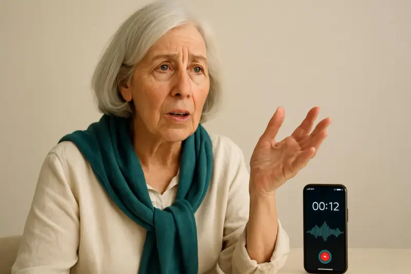 Anziana con espressione preoccupata, mentre un telefono registra la sua voce, forse per monitorare un possibile decadimento cognitivo.