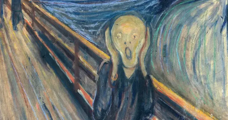 Edvard Munchs "Skriet" med sin ikoniska gestalt som håller händerna för öronen. Edvard Munch fakta: målningen skildrar en känsla av ångest.
