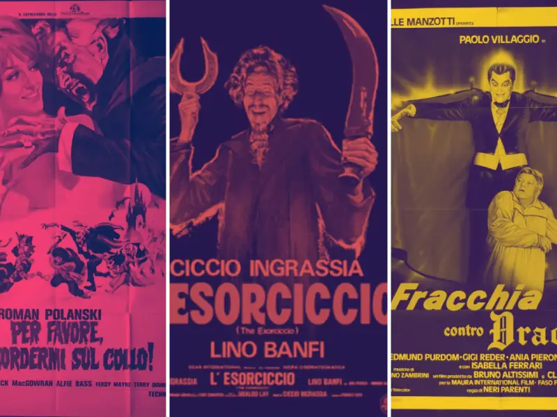 Locandine di film horror divertenti: un vampiro minaccia una donna, un esorcista con falce e ferro di cavallo, e Fracchia contro Dracula.