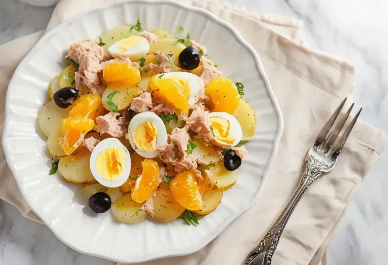 Ensalada malagueña con patatas, atún, huevos duros, aceitunas negras y gajos de mandarina.