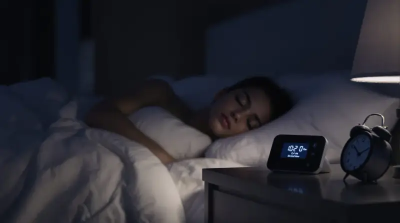 Une jeune femme dort paisiblement. Sur la table de nuit, un réveil affiche 10:20. La question est : combien de décibels pour dormir ?