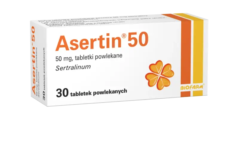 Opakowanie leku Asertin 50, zawierającego 30 tabletek powlekanych z sertraliną, stosowanego w leczeniu depresji i innych zaburzeń.