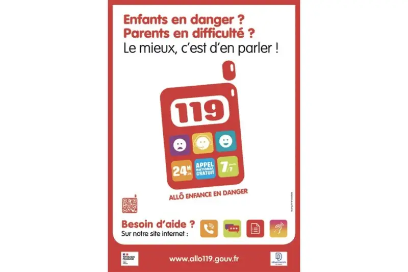 Affiche pour signaler enfant en danger. Le numéro 119 est mis en avant, avec des icônes pour le contact et l'aide.