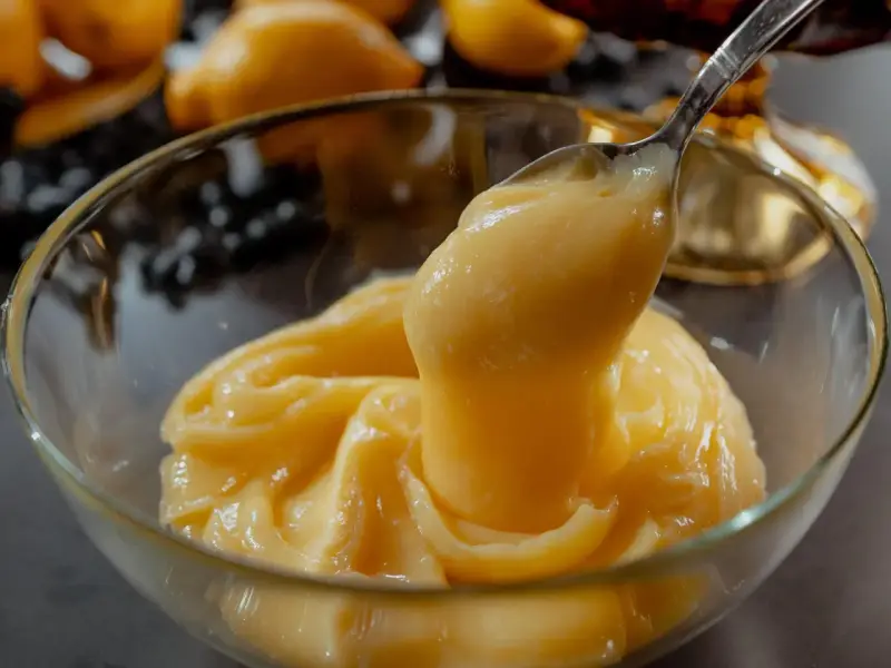 Cuillère prélevant une généreuse portion de crème pâtissière citron, onctueuse et dorée, dans un bol en verre. Des citrons flous en arrière-plan.
